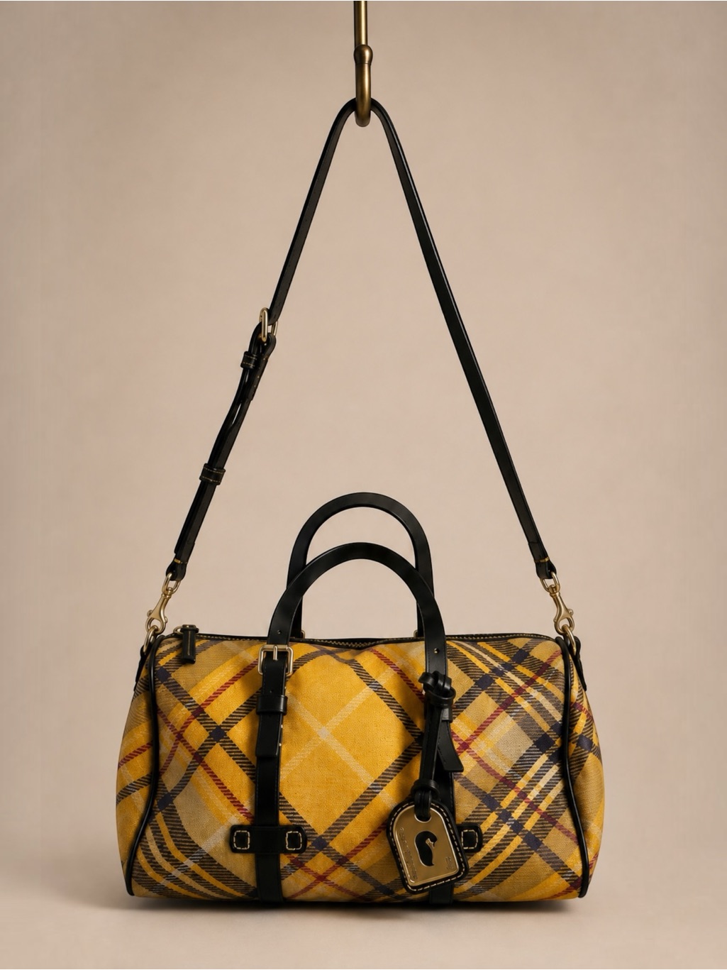 Dooney & Bourke Vintage Y2k Yellow Plaid Coated Canvas Satchel Crossbody Bag